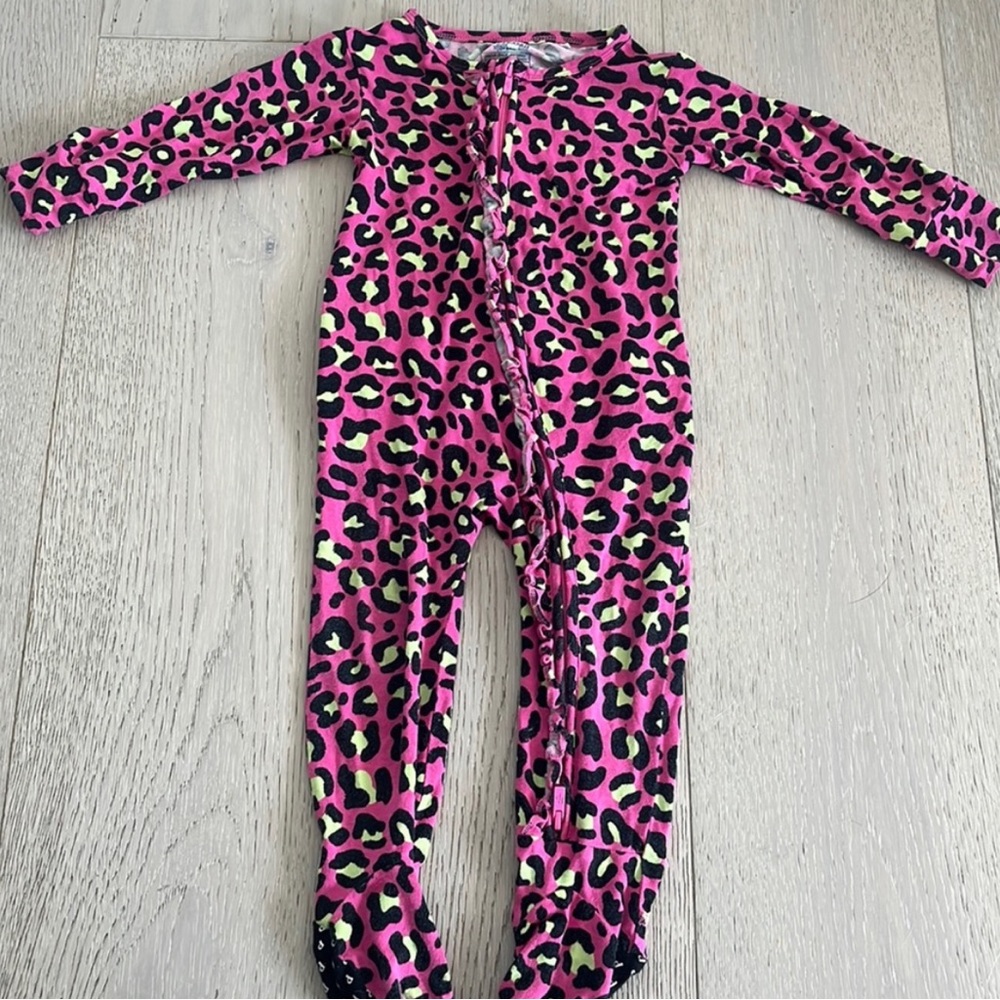 Posh Peanut leopard print footed pajama neon pink and lime